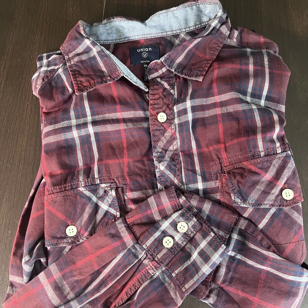 Union SEA/WA Men's XXL Plaid Dress Shirt Red Blue Lightweight Cotton Button Up